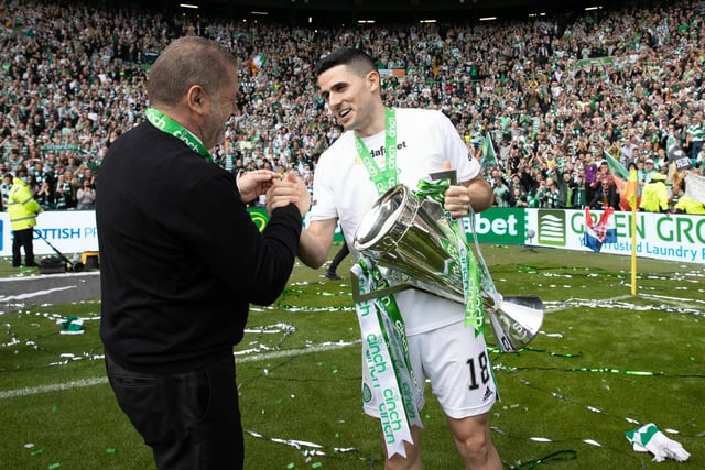 Celtic manager Ange Postecoglou and Tom Rogic who will leave this summer