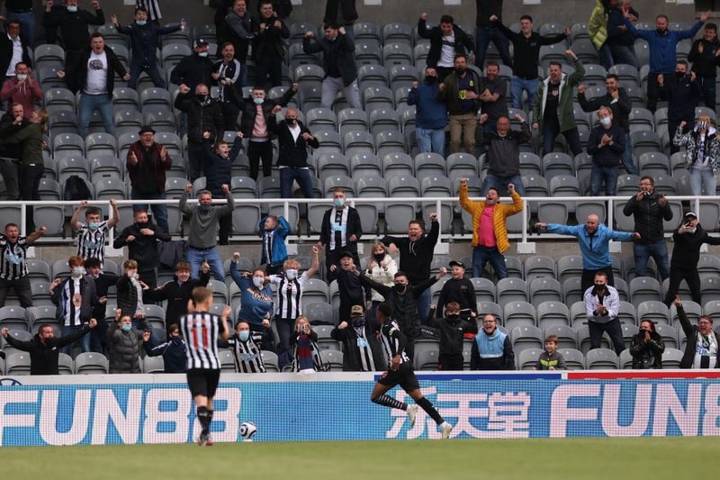 Fans are ecstatic as Willock runs toward the Gallowgate East corner to celebrate his opener.
