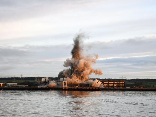 Reduced to rubbled ... the iconic chimney at Longannet which dominated the Firth of Forth skyline for over five decades.