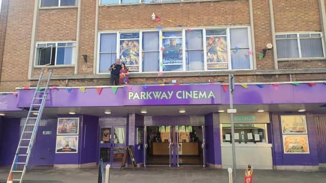 Bunting goes up to celebrates 15th anniversary at Parkway Cinema in Barnsley.