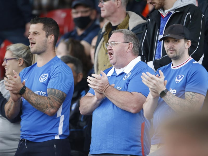 Portsmouth fans in the away end at Highbury Stadium, Fleetwood on opening day of the season. Picture: Paul Thompson