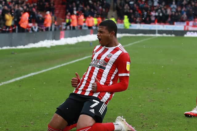 Rhian Brewster, previously of Liverpool and Chelsea, celebrates his goal for Sheffield United against Bristol City: Simon Bellis / Sportimage