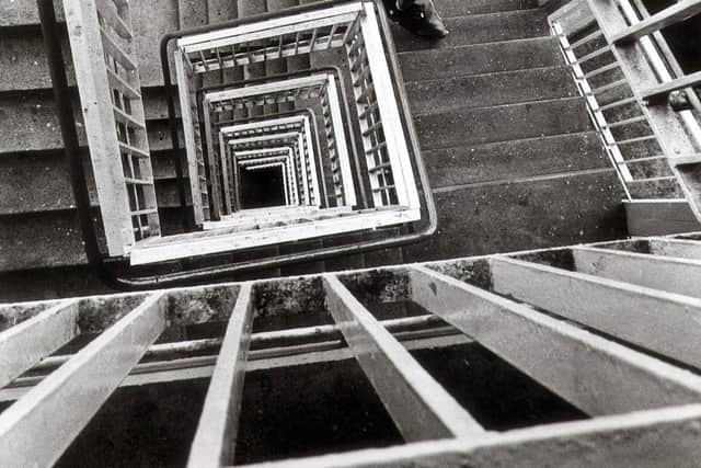 Going down the staris at Park Hill Flats 1979