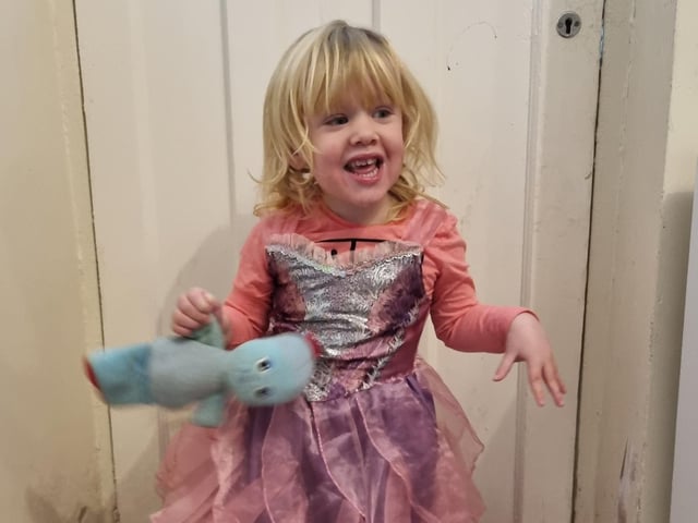 Ezri, 2, and dressed up as Rapunzel for World Book Day.