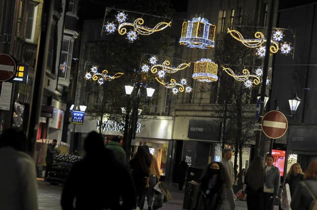 Doncaster town centre lit up by the festive light decorations.