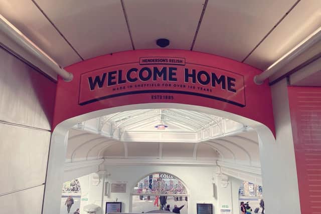 Henderson's Relish welcomes people to Sheffield with a new 'welcome home' sign at the city's Midland Station (Photo: Sarah Marshall)