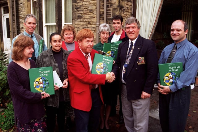 At the Rutland Hotel where the City of Sheffield Lions Charity presented The World of Drugs pack to schools for use by children. Seen left to right are: Maureen Barnett of Walkley School, Paul Hopkinson of St Mary's Walkley, Janine Farrah of Walkley School, Marion Acheampong of Netherthorpe Primary, Chris Anderson, Advisor to LEA, Irine Milner of Daniel Hill School, Brent Storey, School's Liaison Officer South Yorkshire Police, Don Law, President of the Sheffield Lions, and Nick Collins of Sacret Heart School, October 1996.