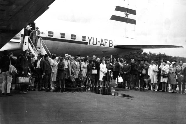 75 members of the Belgrade Opera Company arrive at Turnhouse Airport in a special Yugoslav Airlines plane for the 1962 Edinburgh Festival.