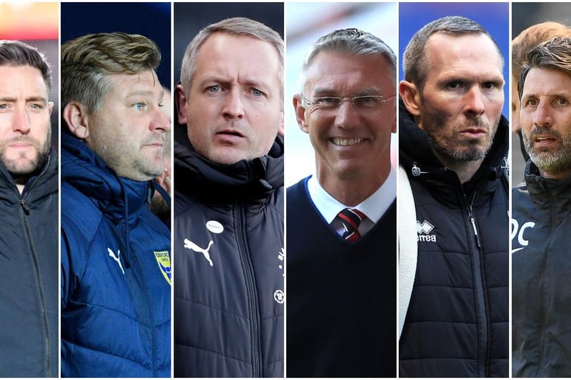 The managers involved in the play-off picture (from left) Sunderland's Lee Johnnson, Oxford United's Karl Robinson, Blackpool's Neil Critchely, Charlton's Nigel Adkins, Lincoln's Michael Appleton and Pompey's Danny Cowley