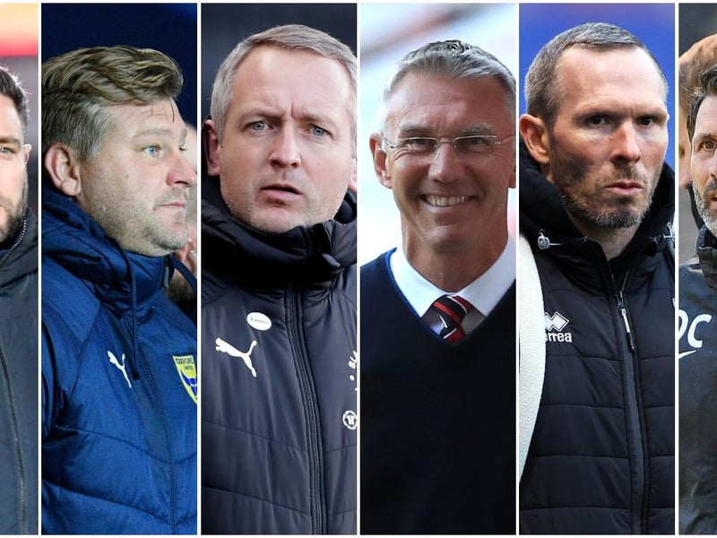 The managers involved in the play-off picture (from left) Sunderland's Lee Johnnson, Oxford United's Karl Robinson, Blackpool's Neil Critchely, Charlton's Nigel Adkins, Lincoln's Michael Appleton and Pompey's Danny Cowley