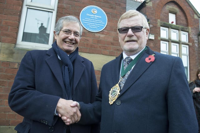 Blue Plaque on Mexborough School Donald Watson attended before going on to form the Vegan Society. Pictured at teh unveiling is his nephew Dr Tim Cook with Deputy Civic Mayor of Doncaster Cllr Paul Wray