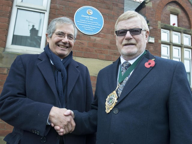 Blue Plaque on Mexborough School Donald Watson attended before going on to form the Vegan Society. Pictured at teh unveiling is his nephew Dr Tim Cook with Deputy Civic Mayor of Doncaster Cllr Paul Wray
