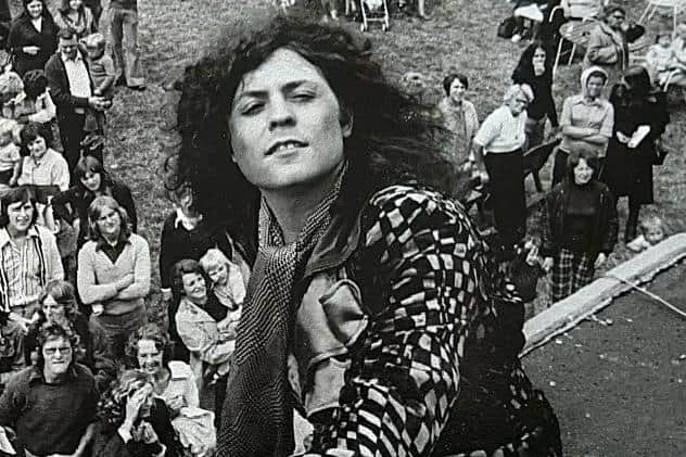 Marc Bolan on top of the Arbourthorne Hotel in 1975 - Russell is pictured bottom left with glasses on