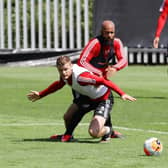 Jack O'Connell and David McGoldrick take part in full contact training as Sheffield United prepare for next week's Premier League clash with Aston Villa: Simon Bellis/Sportimage