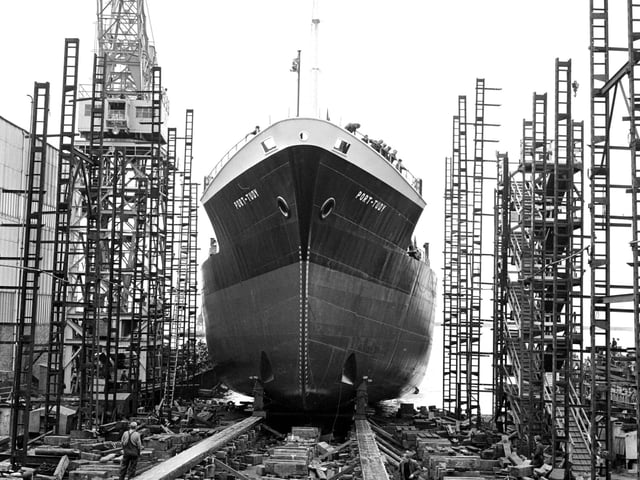 A view of the 3,800 ton oil tanker Port Tudy at the Henry Robb Yard in Leith, Edinburgh