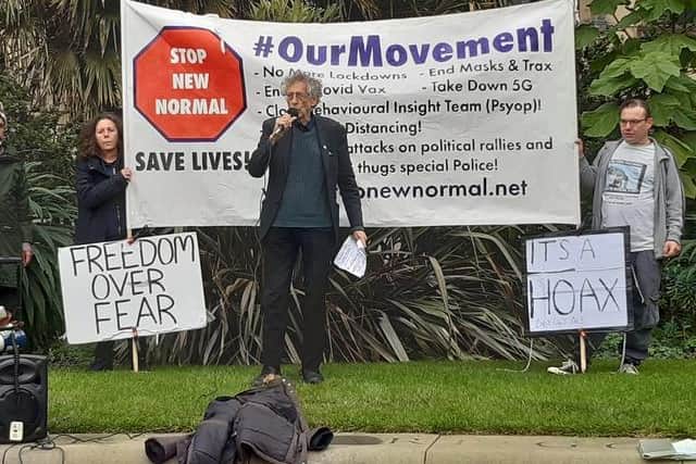 Piers Corbyn addresses an anti-mask protest in Sheffield in October
