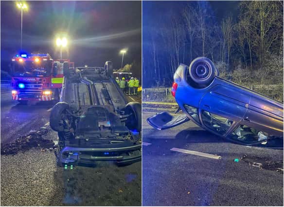 An elderly woman was taken to hospital as the car she was driving overturned on The Parkway in Sheffield last night
