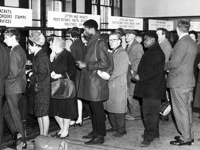 A queue inside the old General Post Office, Fitzalan Square, Sheffield