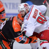 Tomas Pitule and Joey Martin locked in combat during Sheffield Steelers big win over Cardiff Devils