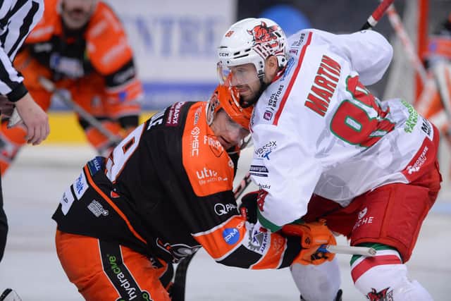Tomas Pitule and Joey Martin locked in combat during Sheffield Steelers big win over Cardiff Devils
