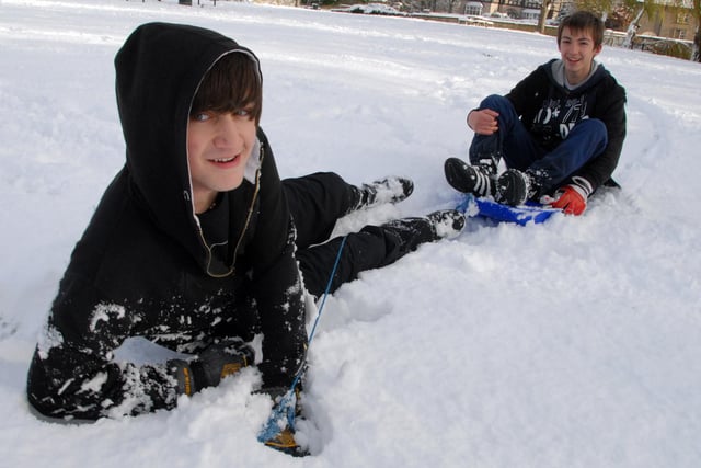 Warsop teenagers, 15-year-olds Ryan Arrowsmith and Adam Ludgate are pictured enjoying the snow at the Carr's in Warsop in early December