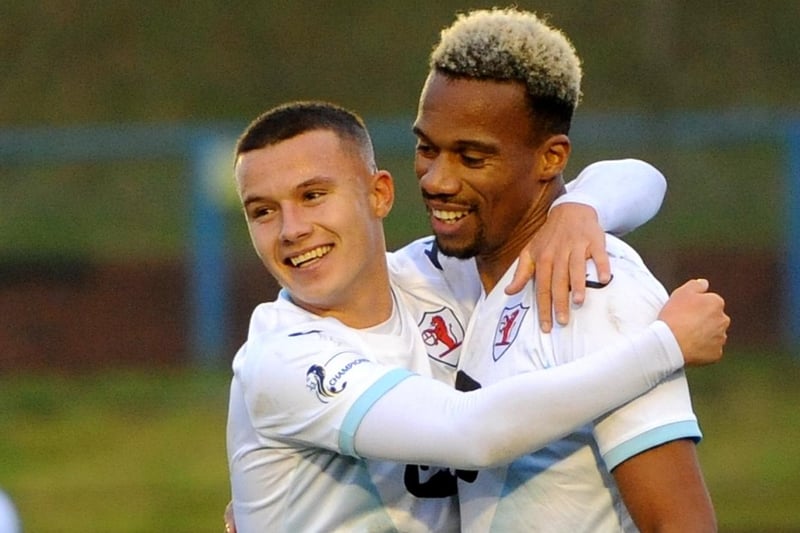 Dylan Tait and Manny Duku celebrating the latter's goal during Raith Rovers' 1-0 away victory against Cowdenbeath in November 2020