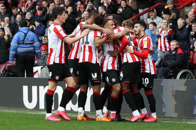 Josh Dasilva celebrates one of his two goals for Brentford in their 5-0 win over Sheffield Wednesday on Saturday.