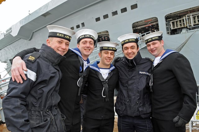 Taken from Victory Jetty as HMS Ark Royal came alongside for the last time into Portsmouth Naval Base 3rd December 2010.
(left to right) Naval Ratings Rob Dutton (18) from Liverpool, Mike Pierce (29) from Bognor Regis, Sean Baldwin (24) from Havant, Paul Stockwell (30) from Blackpool, Simon Hart (27) from Southsea and Ashley Rea (22) from Fareham . Picture: Malcolm Wells 103921-3717