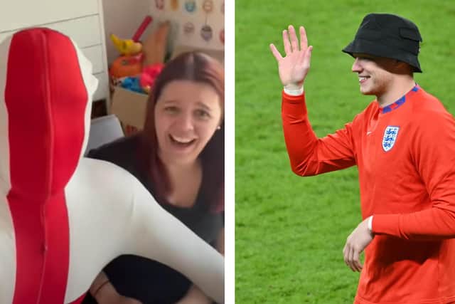 Viral sensation Mark Ian Hoyle, otherwise known as LadBaby, and his wife Roxanne after being surprised with tickets for England's Euros semi-final by Sheffield United's Aaron Ramsdale. Pics: LadBaby/YouTube and Getty Images