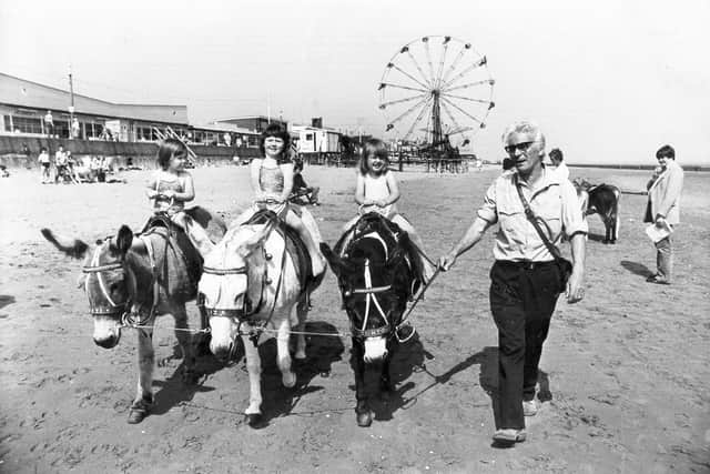 George Appleyard with his donkeys on the beach at Cleethorpes in 1983
