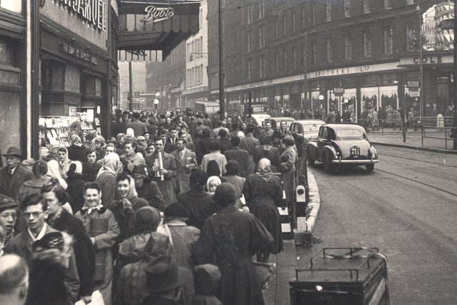 The junction of Fargate and High Street, December 17, 1955, showing the famous Coles Corner on the right