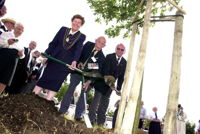The Mayor of Doncaster, Councillor Maureen Edgar, Wing Commander Kenneth Mackenzie, DFC, AFC AE, and German pilot, Major (Retired) Gunther Bahr, KC, planted one of the English Oak trees alongside Cadeby Lane,  in 2000