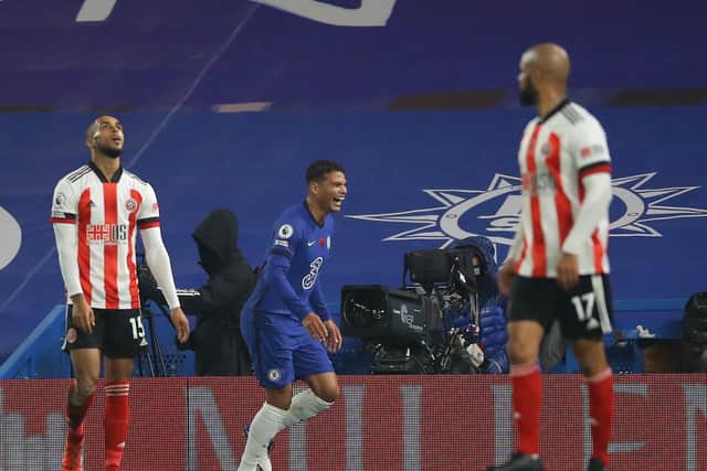 Thiago Silva of Chelsea (C) celebrates after scoring during Sheffield United's defeat at Stamford Bridge: David Klein/Sportimage
