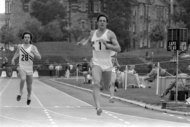 Athlete Allan Wells (no 1) in the 100m race at the Scottish Athletic Championships at Meadowbank stadium in Edinburgh, June 1980. That same year Wells won 100m gold at the 1980 summer Olympics in Moscow.