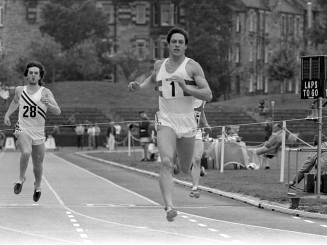 Athlete Allan Wells (no 1) in the 100m race at the Scottish Athletic Championships at Meadowbank stadium in Edinburgh, June 1980. That same year Wells won 100m gold at the 1980 summer Olympics in Moscow.