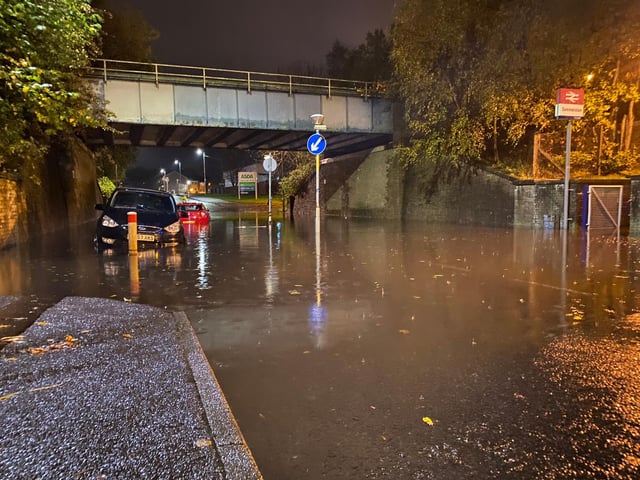 Sandbank Street, next to Summerston train station in Glasgow. This image was taken at 18.53pm on Wednesday and clearly shows cars submerged in water after persistent rainfall.