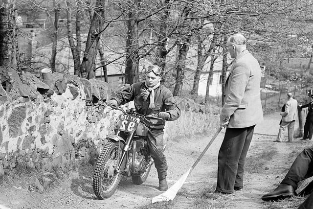 The Scottish Six Day Motor Cycle Trial takes place on Blackford Hill in May 1960.