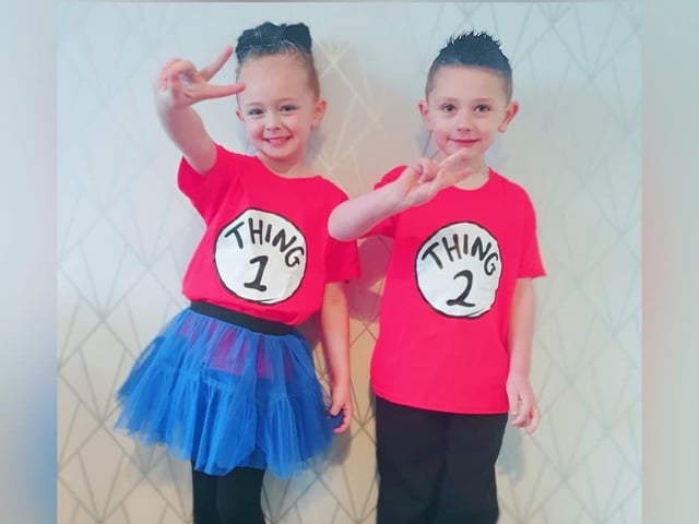 Faith, 6, & Freddy, 5, Simpson. Dressed as Thing 1 and Thing 2 for World Book Day.