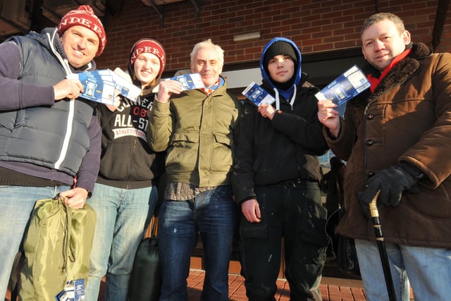 These Sunderland fans queued in 2014 to get their tickets for Wembley. Pictured are Kevin Hughes and his daughter Rachel Cranswick-Hughes, Kevin Tyson, Michael Collins and Norman Wildgoose who camped outside of Black House in freezing temperatures to make sure they were at the front of the queue for tickets.
