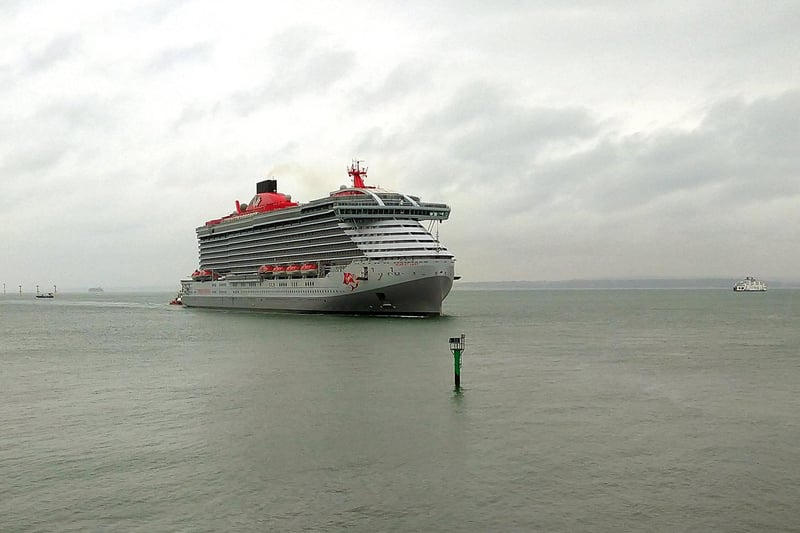 Virgin's immense and impressive cruise ship Scarlet Lady arrives in Portsmouth under grey skies. Taken by Karen Davis-Duncan