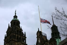Flags flying at half mast at Sheffield Town Hall in tribute to HRH Prince Philip who has died. Picture: Chris Etchells
