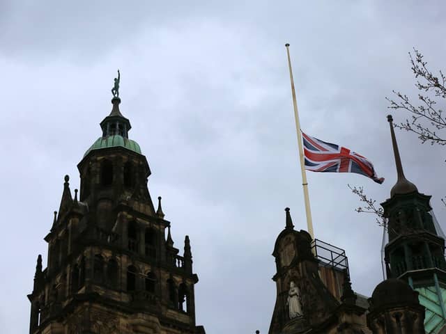 Flags flying at half mast at Sheffield Town Hall in tribute to HRH Prince Philip who has died. Picture: Chris Etchells