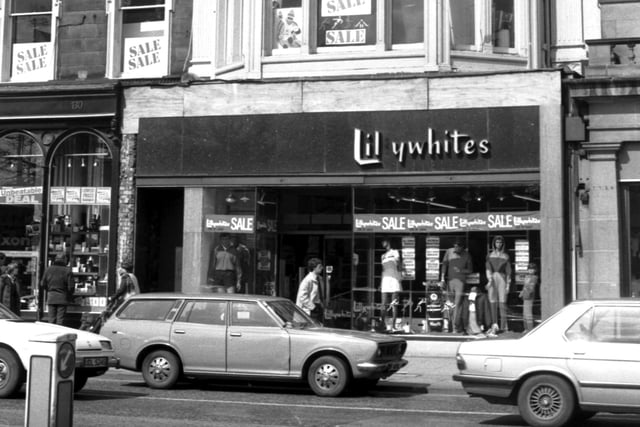 Exterior of the Lillywhites sports shop in Princes Street Edinburgh, having a sale in April 1983.