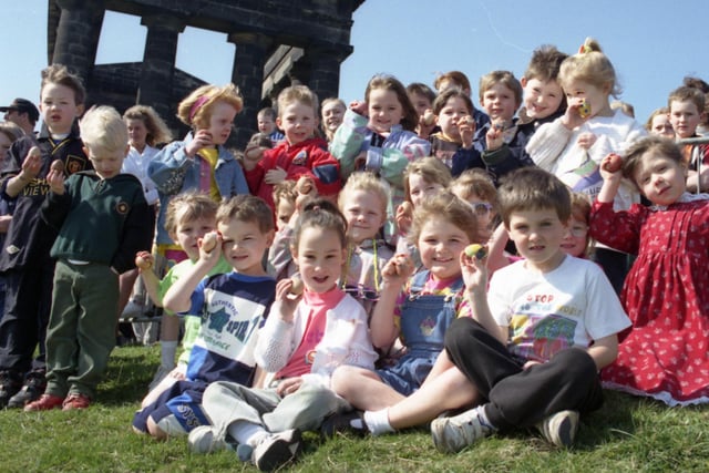 Some of the children who took part in the Penshaw egg-rolling contest in April 1995. Can you spot someone you know?