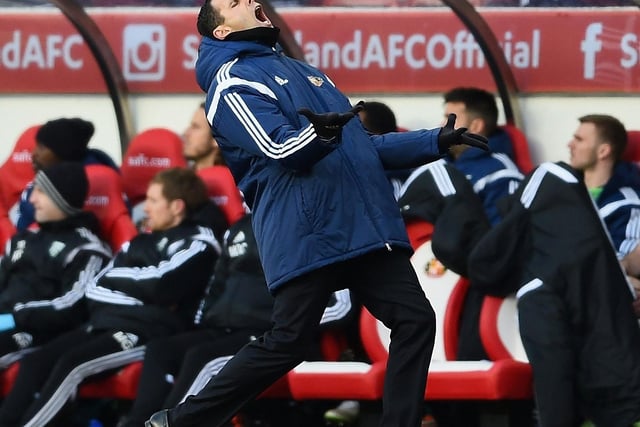 Not one to hide his feelings, Gus Poyet reacts during the Barclays Premier League match between Sunderland and West Bromwich Albion at Stadium of Light on February 21, 2015