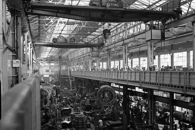 A picture of the interior of Bruce Peebles & Co Ltd's East Pilton Works taken in October 1955.