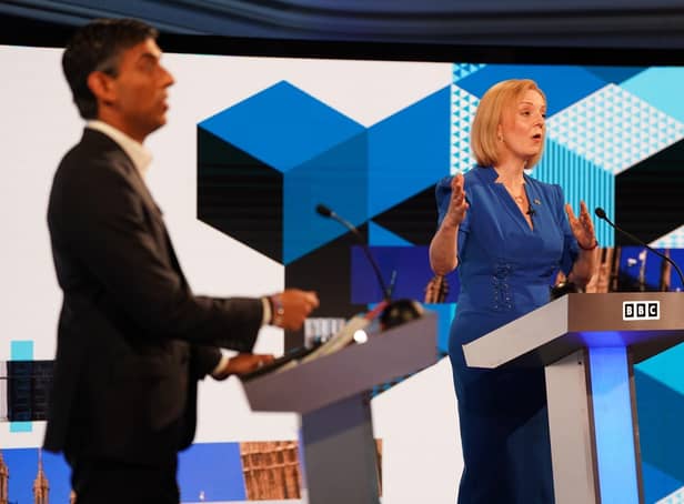 Rishi Sunak and Liz Truss taking part in the BBC Tory leadership debate live.