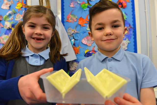 Science Week at West Park Primary School in Hartlepool and doing some chocolate welding are Madeline Bates, 7 and Sonny Watson, 7.