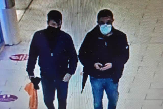 Police in Sheffield want to speak to the men pictured after a woman's bank cards were stolen at Crystal Peaks shopping centre and £600 was taken from her account