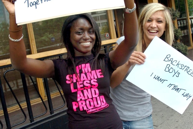 Rachel Huggins, left, and Jessica Fryer pictured outside the Nylon bar, Sheffield, with their most embarrassing songs, in June 2007